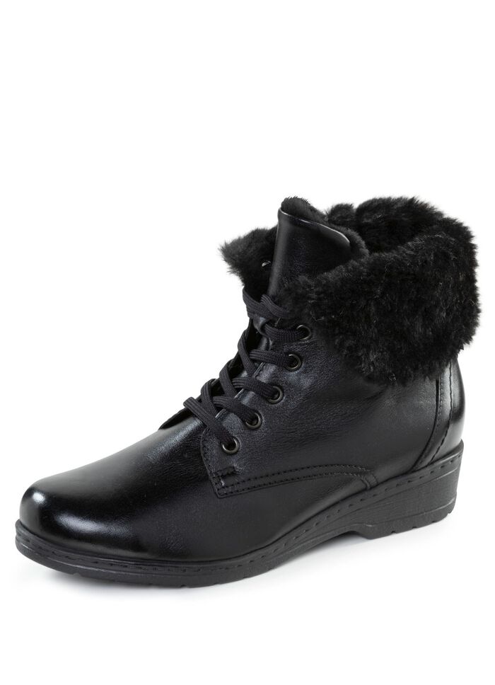 ELENA EDEN st&ouml;vletter med sn&ouml;rning och uppvikbar lammskinnskrage SVART