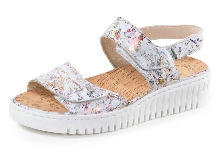 Ranger-sandal gjord av gl&auml;nsande tryckt nubuckl&auml;der ECRU-F&Auml;RGGLAD