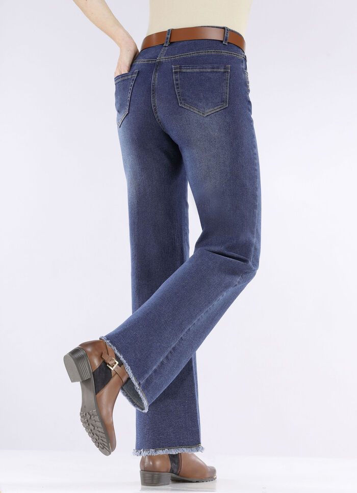 Jeans med trendig fransad fåll MÖRKBLÅ