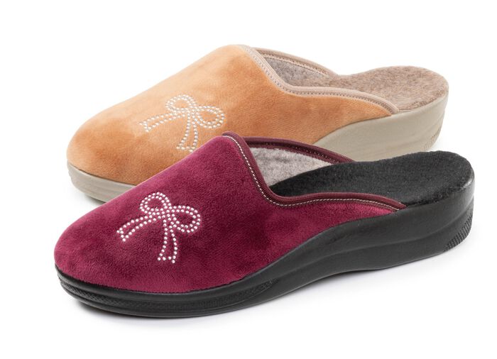 Tv&aring;pack klassiska damtofflor, bredd G, med glittrande strass 1x Bordeaux, 1x Kamel