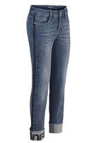 Jeans med franskant och bokst&auml;ver p&aring; ena benet 