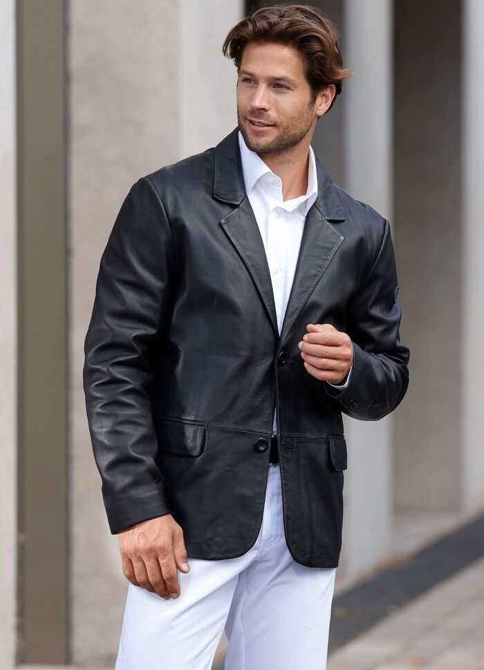 Kort l&auml;derkavaj med lapelkrage 