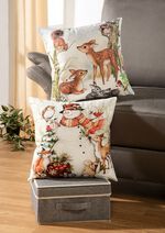 Kuddfodral med f&ouml;rtrollande vinterscener SCHNEEMANN IM WALD