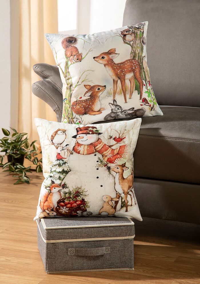 Kuddfodral med f&ouml;rtrollande vinterscener SCHNEEMANN IM WALD