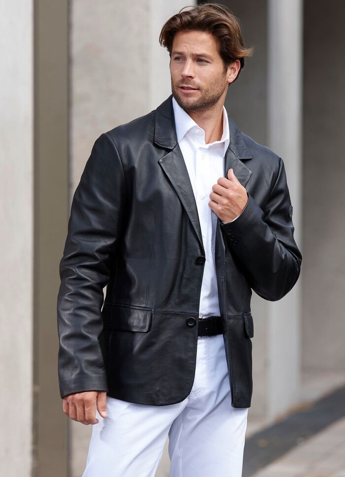 Kort l&auml;derkavaj med lapelkrage 