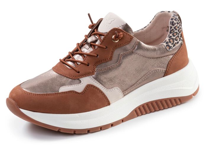 Caprice, trendiga damsneakers, bredd G, med avtagbar fotb&auml;dd COGNAC-ALTGOLD