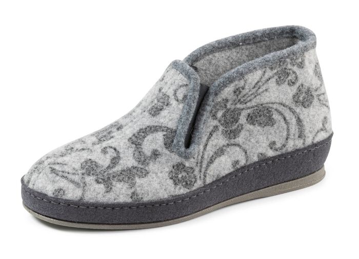 Blommig tryckt toffel av ullfilt GR&Aring;