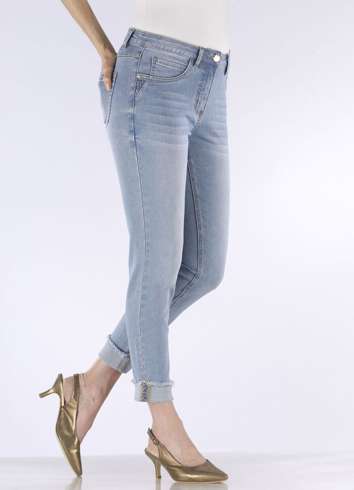 Jeans med gnistrande strasskanter LJUSBL&Aring;