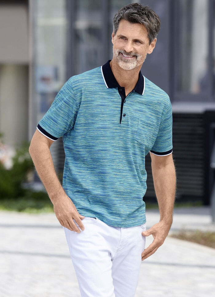 Pikétröja med bröstficka TÜRKIS-GELB MELIERT