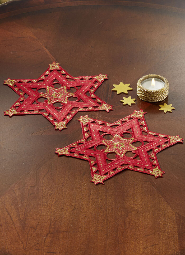 Broderad, festlig bordsdekoration ROT-GOLD