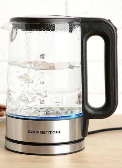 Vattenkokare i glas med bl&aring; LED-lampa 