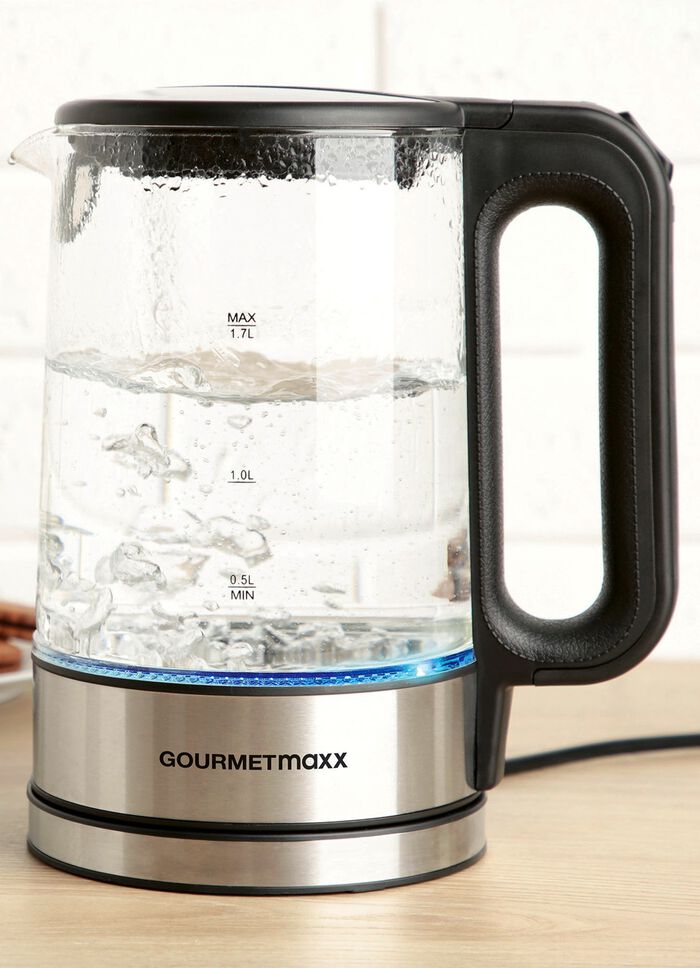 Vattenkokare i glas med bl&aring; LED-lampa 