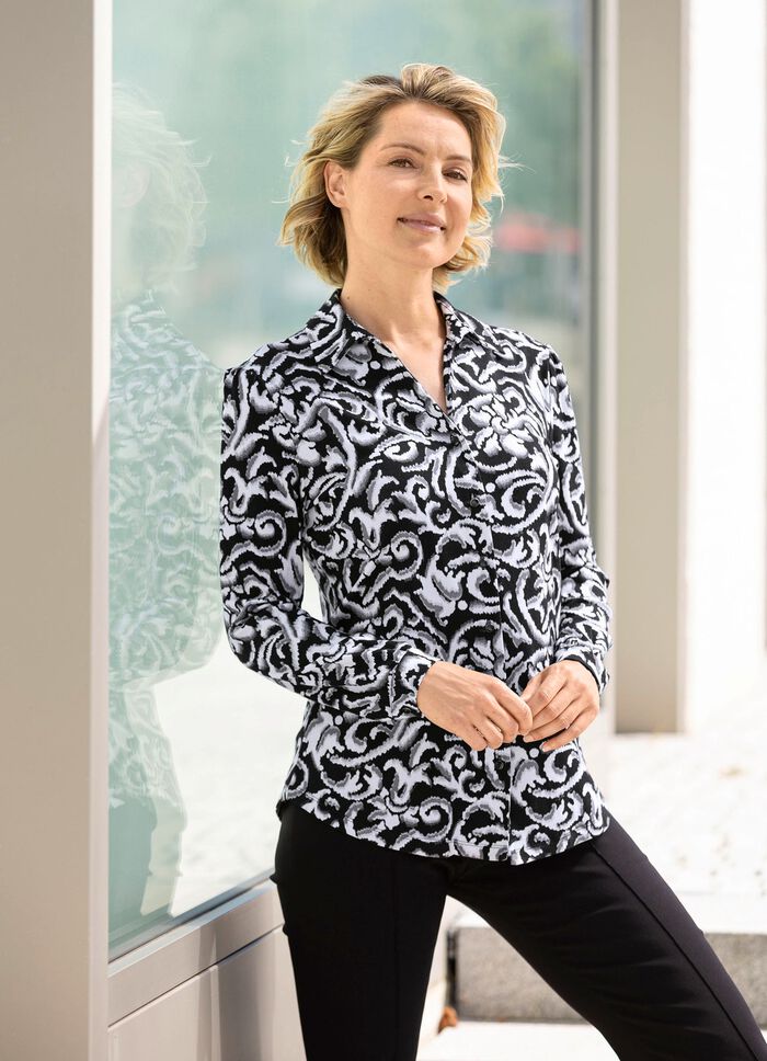 Skjortblus med hel knappsl&aring; i 2 f&auml;rger SVART-GR&Aring;