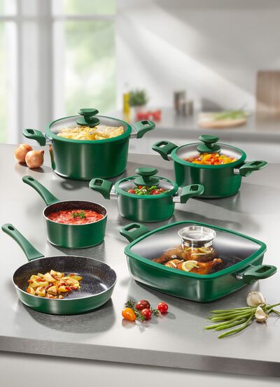 XXL-grytset med keramisk non-stick-bel&auml;ggning och lock av silikonglas 