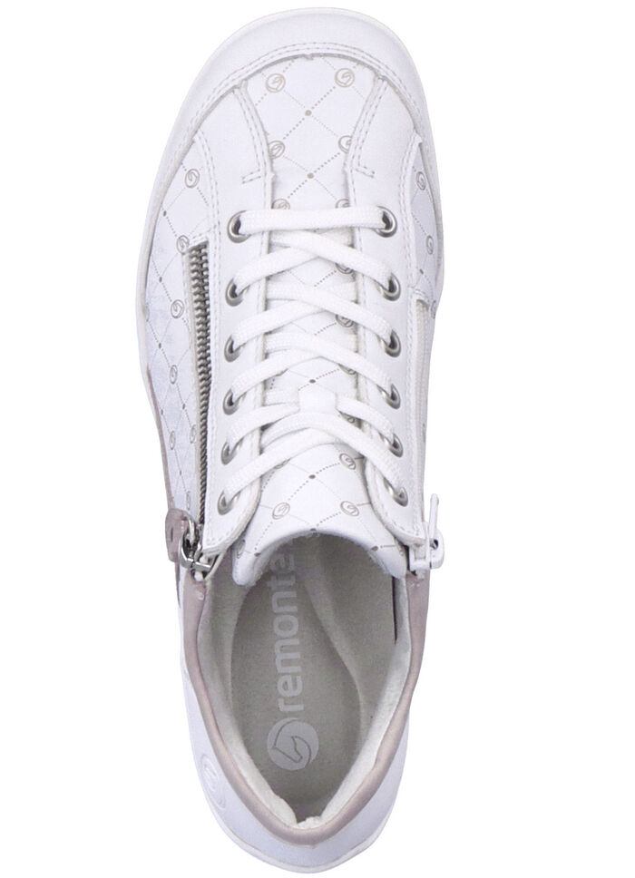 Remonte-sko med sn&ouml;rning gjord av tryckt och skimrande metalliskt syntetmaterial VIT-PUDERROSA