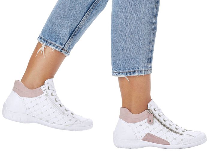 Remonte-sko med sn&ouml;rning gjord av tryckt och skimrande metalliskt syntetmaterial VIT-PUDERROSA