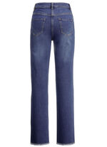 Jeans med trendig fransad fåll MÖRKBLÅ