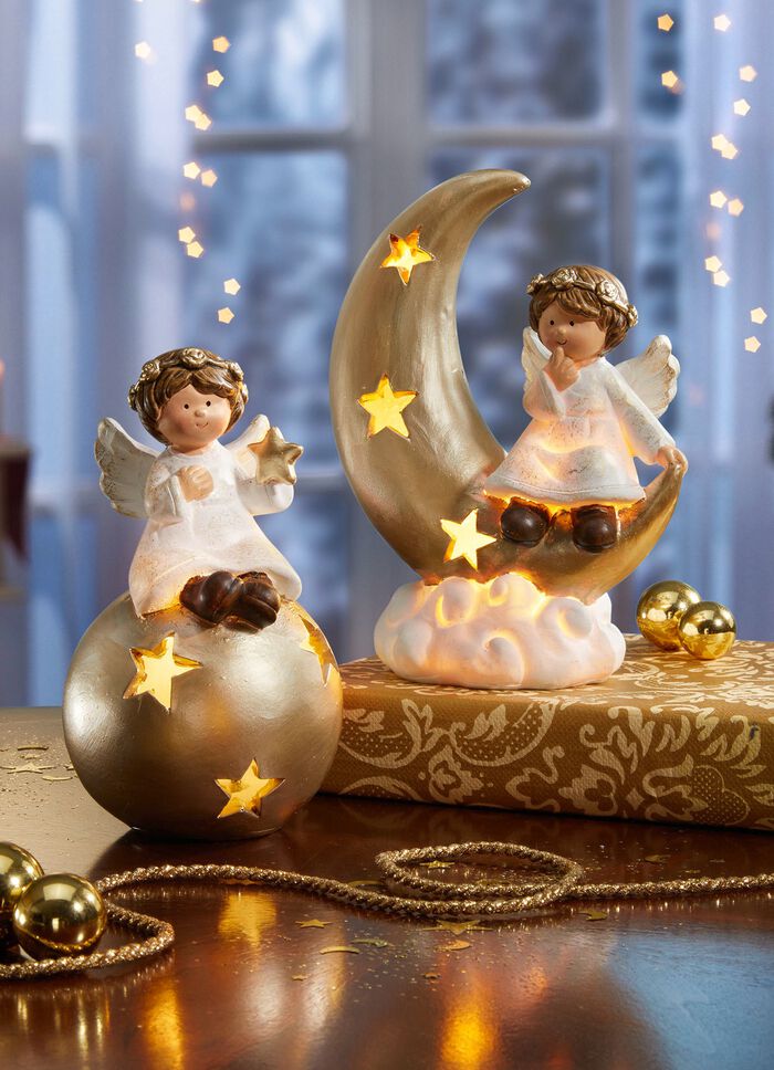 Upplyst keramisk &auml;ngel WEISS-GOLD