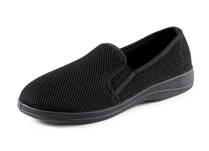 Tofflor tillverkade av luftigt, elastiskt textilmaterial SVART-VITT