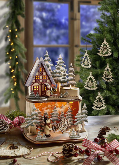 Upplyst vinterskogsscen 