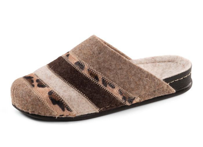 Laurina toffel av filt och tryckt fuskpäls BEIGE