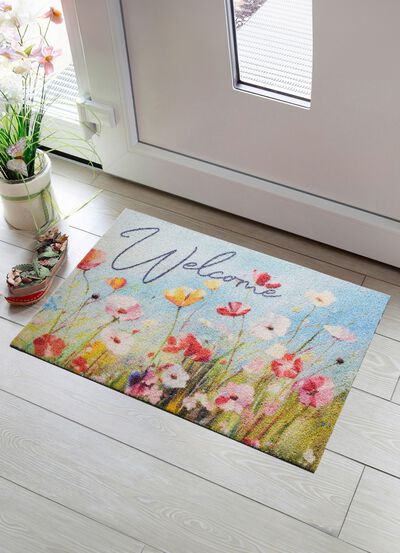 Blommig d&ouml;rrmatta "V&auml;lkommen" 
