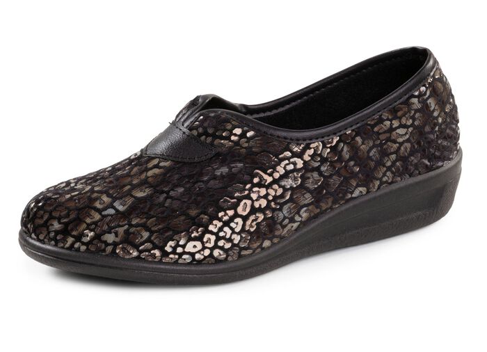 Tofflor i tryckt sammet med leom&ouml;nster SVART-BRONS