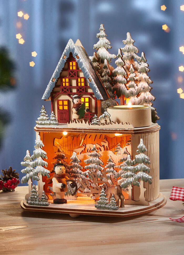 Upplyst vinterskogsscen 