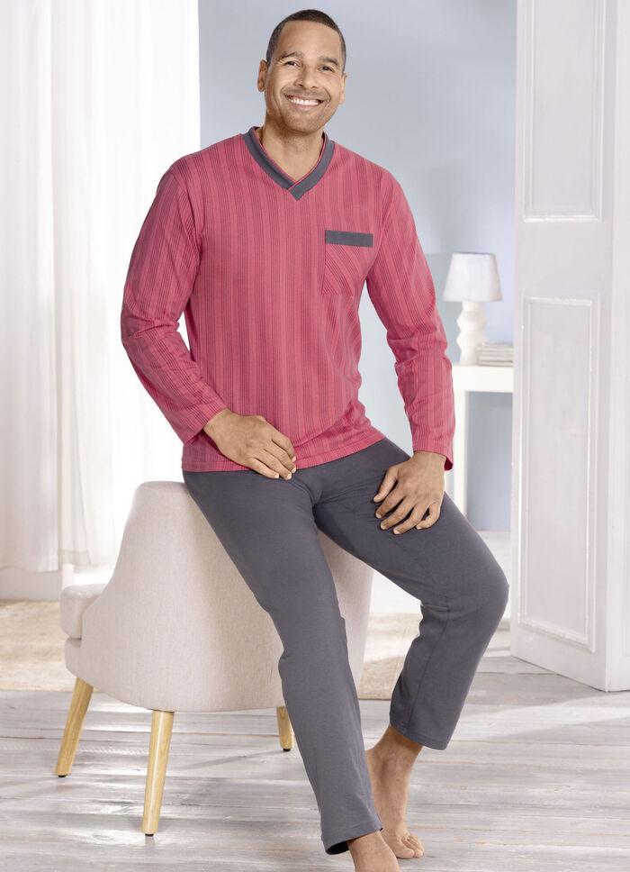 Pyjamas med randig design, V-ringning och bröstficka 