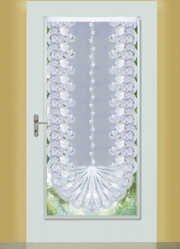 L&aring;ng, draperad spetsgardin med &auml;kta Plauener-broderi 