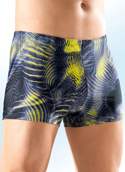 Schwab badbyxor i h&ouml;gre boxermodell med f&auml;rgglada tryck 