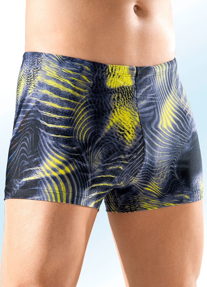 Schwab badbyxor i h&ouml;gre boxermodell med f&auml;rgglada tryck 