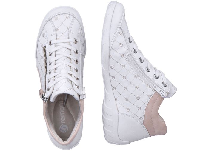 Remonte-sko med sn&ouml;rning gjord av tryckt och skimrande metalliskt syntetmaterial VIT-PUDERROSA