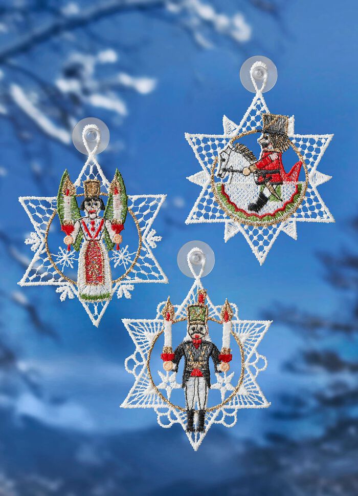 Erzgebirge f&ouml;nsterbild, set om 3, gjord av &auml;kta Plauenspets 