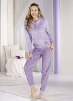 Stretchpyjamas i frotté med garnfärgad randig design 
